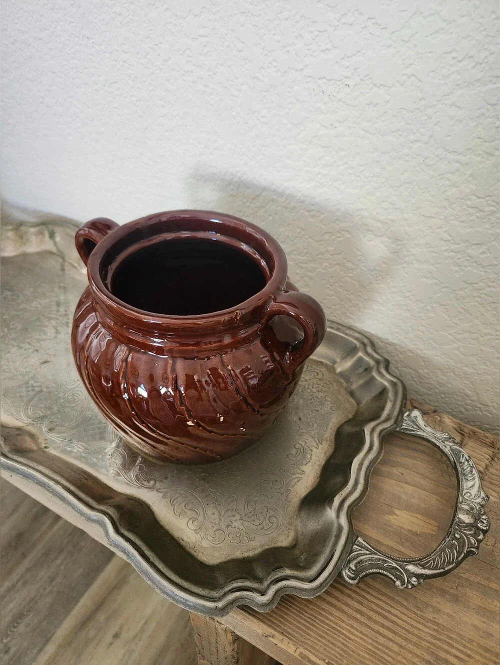 Vintage Brown Swirl Pattern Crock Vase With Handles Glazed